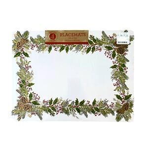 Christmas Cork Backed Hard Placemats Holiday Holly & Pine Garland Set of 4 New